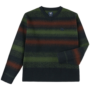 Lee软fufu商场款25冬新舒适版V领风暴骑士条纹提花图案藏青男毛衣