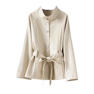 海宁皮衣女士中长款系带收腰立领米白色皮夹克秋冬新款绵羊皮外套