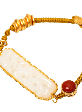 S925纯银镀金镶嵌天然和田玉手镯长相思同边小夭同款手链半镯配件