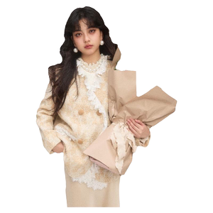 CLOUDSEASON粗花呢蕾丝边女外套秋冬2024新款设计感羊毛外套上衣