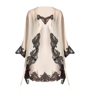 GP19姆米桑蚕丝拼接乔其纱吊带睡袍两件套女性感真丝睡裙长袖睡衣