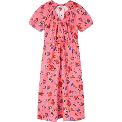 lkbennett粉色印花连衣裙2025年春夏新款优雅v领抽绳收腰中长裙