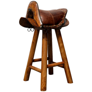 古朴年代老榆木全实木吧台椅牛皮坐垫美式乡村田园马鞍凳休闲吧椅