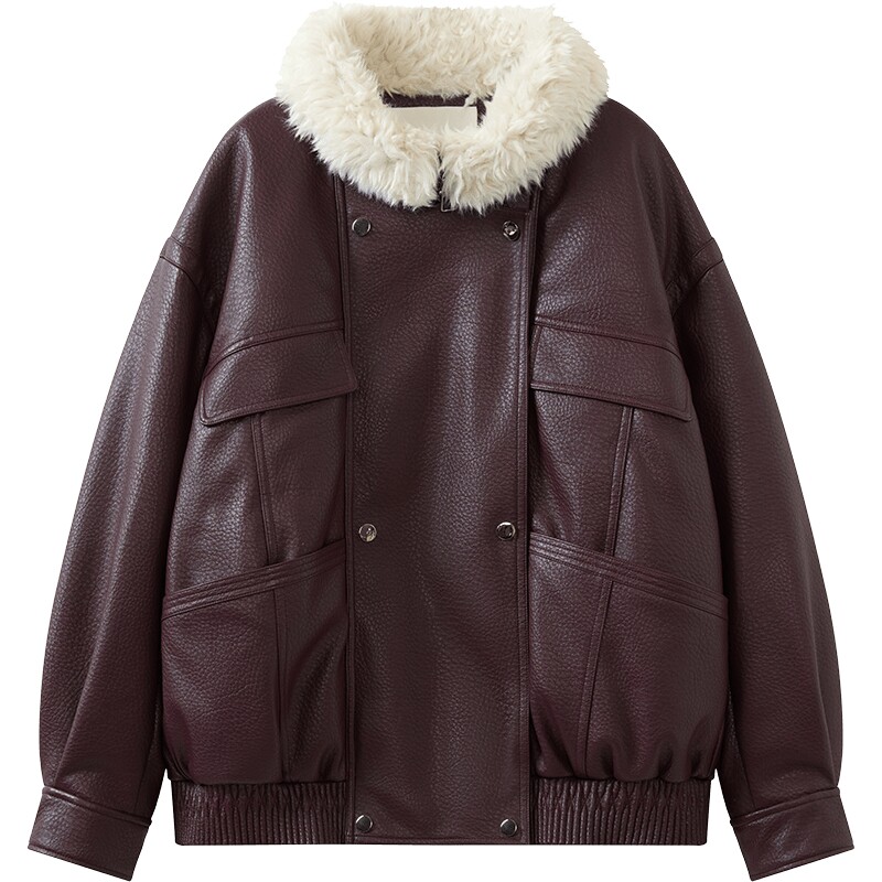 播冬季摩登复古短款翻领皮衣羽绒服女时髦外套DDS4RD5241