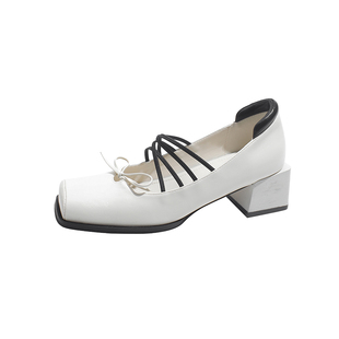 真皮~骄屿法式绝美蝴蝶结复古玛丽珍浅口方头单鞋女不累脚高跟鞋