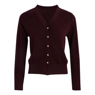 [衣橱常青款]LANDI酒红色绵羊毛V领设计长袖针织开衫女2025冬新品