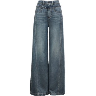 ONLY2026春季新款复古水洗个性V字腰头裤线前移高腰阔腿牛仔裤