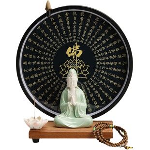 禅意双手合十陶瓷观音菩萨佛像家居客厅灯圈摆件创意高档工艺品