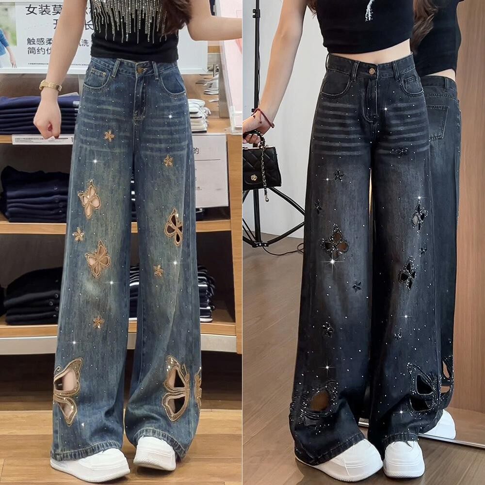 镂空刺绣烫钻2026夏季薄款牛仔裤女设计感高腰显瘦窄版阔腿裤长裤