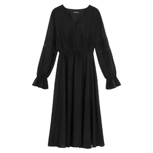 pusumede【现货5.5折】法式长袖v领连衣裙女仙女裙收腰显瘦长裙子