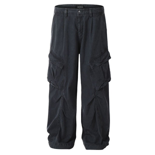 美式复古解构设计感褶皱大口袋工装裤男街头宽松阔腿垂感休闲裤子