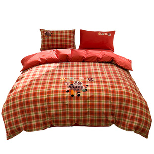 马年加厚全棉磨毛四件套2026新款100纯棉新春款床品套件被套床笠4