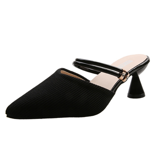 尖头凉拖鞋女士夏季外穿2026新款法式针织飞织包头懒人高跟半拖鞋