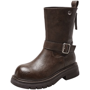 意尔康女鞋冬季皮靴英伦中筒气质机车靴复古女士皮带扣西部骑士靴