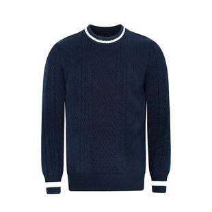 英伦复古麻绳嵌花衣服男款保暖圆领针织衫时尚拼色修身毛衣男冬季