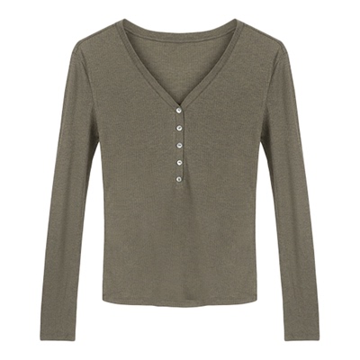 Miss couleur天丝羊毛混纺V领半开扣长袖针织打底衫MC26SS032