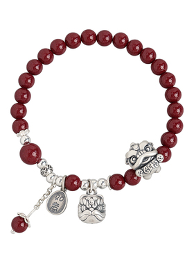 新中式纯银醒狮手链女天然朱砂手串男情侣闺蜜转运珠银饰锦鲤礼物