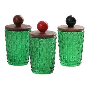 中古风胡桃木实木复古绿玻璃罐牙签筒牙线棉棒棉签收纳盒高档法式