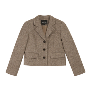 pusumede棕色西装毛呢外套女冬季新款设计感夹棉气质短款羊毛上衣