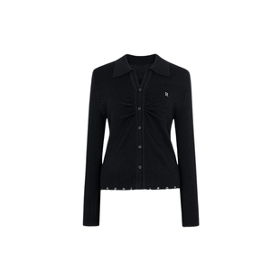 XG/雪歌XK311723A890 黑褶皱设计长袖毛针织衫通勤衬衫领开衫女装