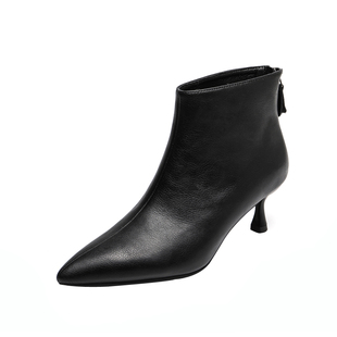 尖头细跟纯皮短靴女高跟鞋冬季2025年新款真皮软牛皮鞋加绒靴子女