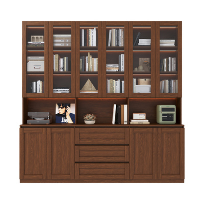 国补实木书柜储物柜一体整墙家用靠墙带玻璃柜门书架落地展示柜子