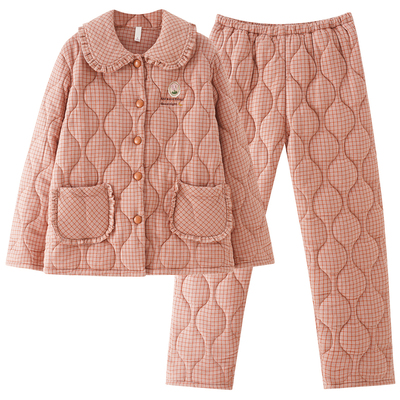 女士睡衣冬季三层加厚加绒梭织纯棉夹棉女款珊瑚绒冬天家居服套装