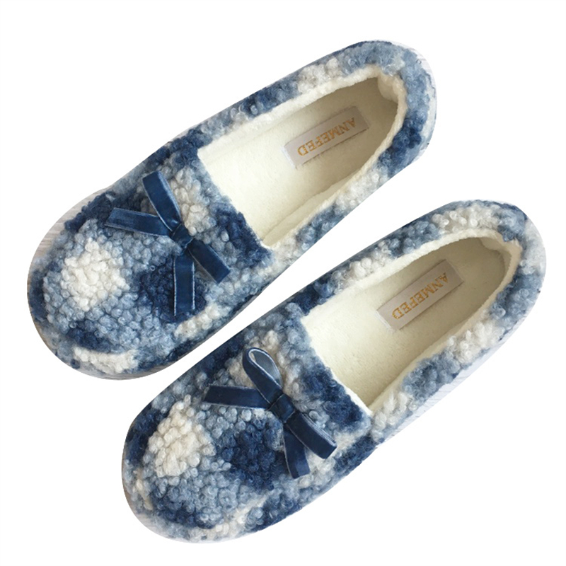 出口女士秋冬季羔绒格子居家棉鞋室内加绒保暖防滑厚底包跟棉拖鞋