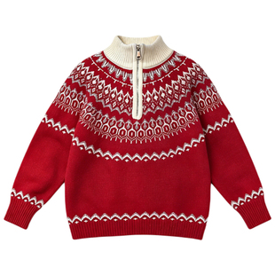 女童红色上衣过新年冬季加厚费尔岛巨好看洋气时髦儿童半高领毛衣