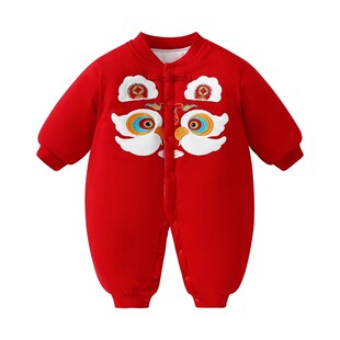 宝宝连体衣冬装红色喜庆国风周岁爬服男女婴儿满月加厚a类哈衣服