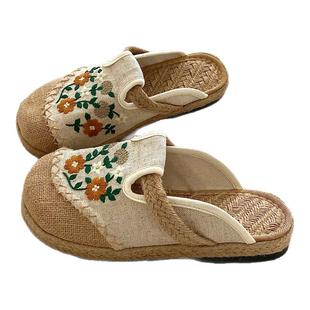 海边散步~!手工草编亚麻透气凉鞋女ins夏季外穿防滑平底沙滩拖鞋