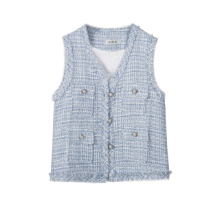 bonaiwei粗纺春秋马甲外套减龄淑女天蓝色小香风马夹宽松上衣女秋