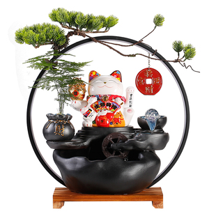 中式流水生财摆件家居客厅办公室桌面创意陶瓷招财猫装饰开业礼品