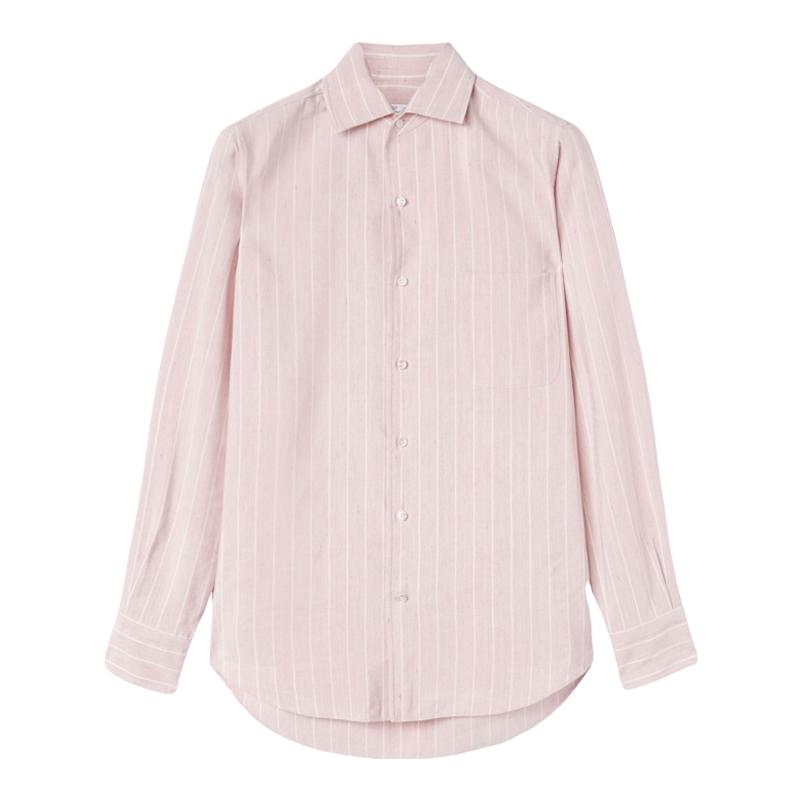 Loro Piana/诺悠翩雅男装亚麻和丝绸粉色条纹尖领长袖衬衫