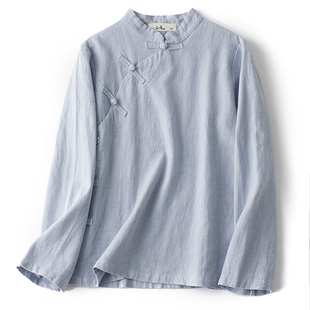 新中式女装己荷原创国风斜襟盘扣上衣复古风棉麻衬衫唐装长袖夏款