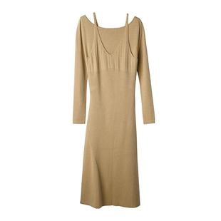 【到手199元】一字领针织吊带长袖连衣裙包臀含羊毛小个子长裙子