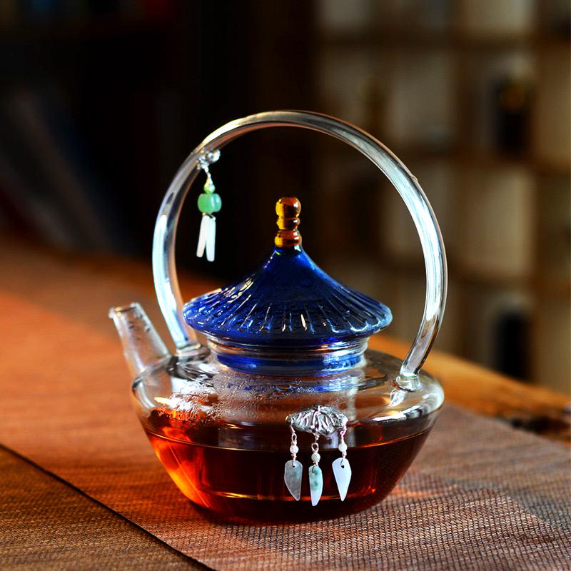 中式耐热玻璃煮茶壶泡茶壶天坛大号提梁壶明火蒸茶耐高温花白茶壶