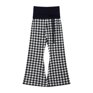 FUNKYFUN 蝴蝶结系带宝蓝色格纹中高腰可下翻针织喇叭裤休闲裤