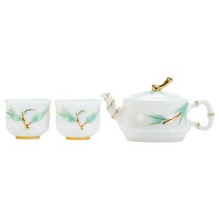 钰铨龙门 冰种描金竹韵壶一壶两杯 陈德根大师手作素烧泡茶壶茶杯