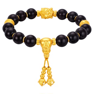 金至尊文玩金静观照黄金手链男 古法观音足金999手链小叶紫檀手串