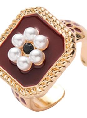 韩国设计感酒红色滴油水钻珍珠开口戒指2022时尚简约小众ins指环