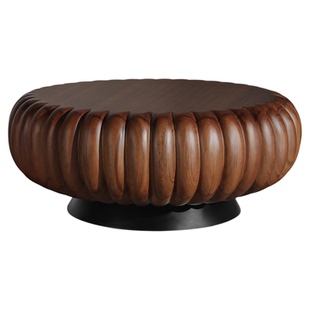 意式轻奢高级感实木茶几设计师中古茶桌客厅家用胡桃木圆形咖啡桌