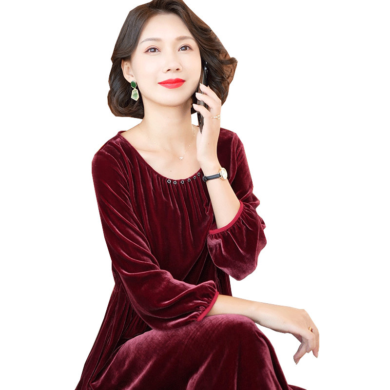 迪芬璐嘉气质优雅真丝丝绒连衣裙