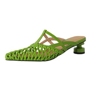 新品~手工编织带包头拖鞋女夏天镂空透气T带中跟时尚绿色外穿百搭