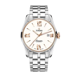 【自营】Titoni梅花空中霸王系列日历白盘钢带瑞士机械男士腕表