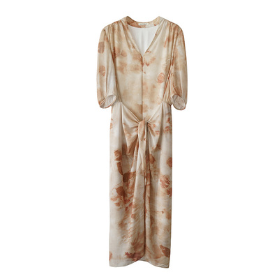 popchrio法式晕染V领短袖连衣裙