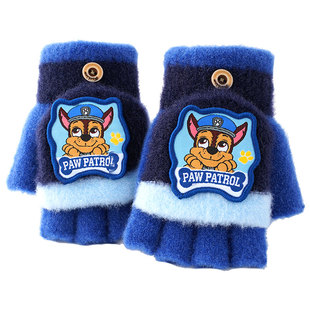 汪汪队儿童半指翻盖手套男童冬季保暖加绒加厚女童小学生露指手套