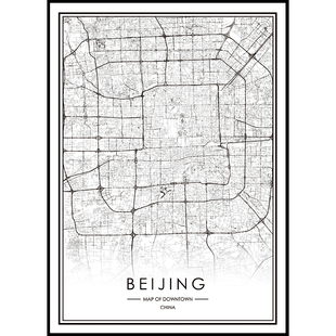 鳟鱼定制城市黑白线描地图 北欧客厅装饰画 走道艺术壁画卧室挂画
