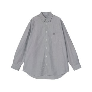 速写男装细条纹衬衣休闲三潭映月印花上衣宽松时尚设计长袖衬衫