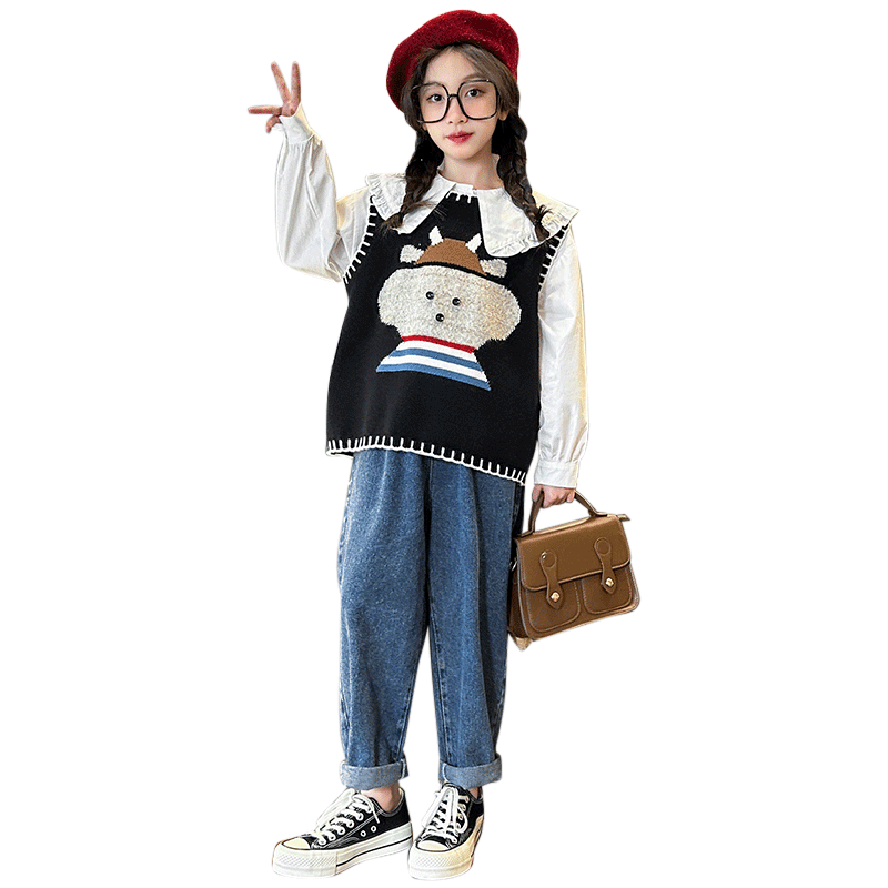 女童套装秋装2025新款儿童时髦洋气春秋款中女大童衬衫马甲两件套